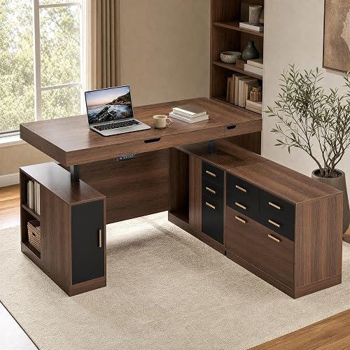ModernMate 63" L Shaped Executive Standing Desk with 5-Drawer File Cabinet | Height Adjustable Office Desk with Power Outlets, Storage, Privacy Panel, One-Piece Tabletop for Professional & Home Office