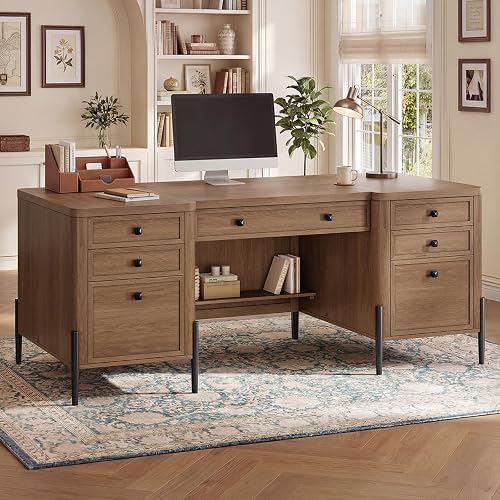 ANGRYWIN 63" W x 27.6" D Executive Desk with 2 Cabinets & 6 Drawers, Farmhouse Home Office Desks with Keyboard Tray, Large Boss Desk with Privacy Panel, Modern Table with Open Shelf and File Drawer
