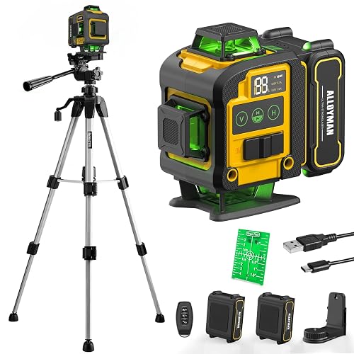 Alloyman Laser Level with Tripod, Laser Level 4× 360° Self Leveling | Green Line Lazer Leveler Tool with 2Pcs Lithium Batteries, Ideal for Picture Hanging, Tile, Home Renovation, Indoor