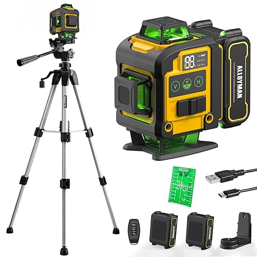 Alloyman Laser Level with Tripod, Laser Level 4× 360° Self Leveling | Green Line Lazer Leveler Tool with with 2Pcs Lithium Batteries, Ideal for Picture Hanging, Tile, Home Renovation, Indoor