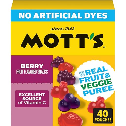 Mott's Berry Fruit Flavored Snacks, Made with Real Fruit Puree, 40 Pack | Gluten-Free, Gelatin-Free, Fat-Free, Made with Real Fruit & Veggie Puree, No Artificial Dyes, Excellent Source of Vitamin C