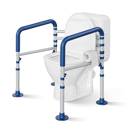 Loyoda Toilet Safety Rail for Seniors, 11.7lbs Steel, Rock-Solid Stability | Height & Width Adjustable,Foldable,Padded Armrests,Wide Non-slip Foot Pads,350 lb Capacity for Pregnant Women & Disabled,Blue
