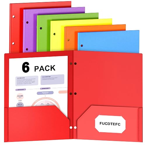 6 Pack Folders with Pockets, Plastic 3 Hole Punched Binder Folders with Business Card Holder, Colored Decorative File Folders for Documents, Filing Cabinet, School, Office, Business | 6 Color, Decorative, File Folders, Business Card Holder, for Documents, Filing Cabinet, School, Office, Business