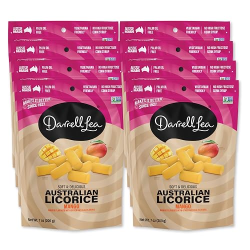 Darrell Lea Soft Australian Licorice, Non-GMO, No Palm Oil, Plant Based, No High Fructose Corn Syrup, Soft & Chewy Licorice Candy, Made in Australia (Mango, 7 Ounce (Pack of 8))