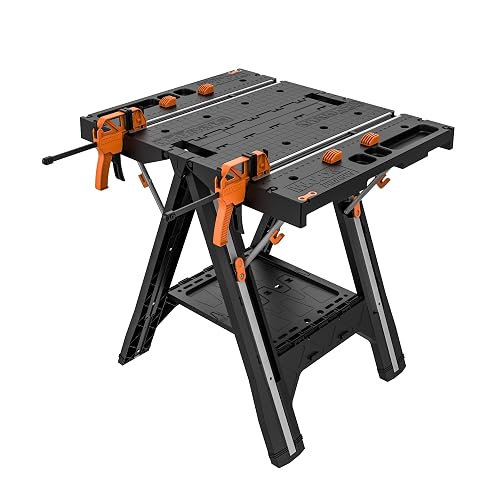 WORX Portable Folding Workbench, 2-in-1 Pegasus Table & Sawhorse, WX051 | 31"×25"×32" dimension, heavy load capacity, fast setup, includes 2 clamps & 4 clamp dogs, lightweight portable design