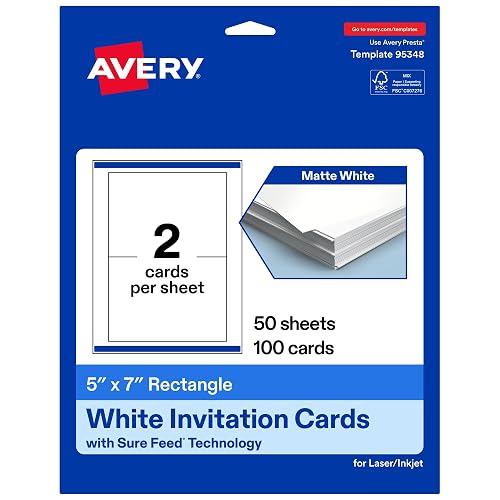 Avery® Printable Rectangle Cards, Sure Feed® Technology, 5" x 7", Matte White Cardstock, Laser/Inkjet Printable, 100 Total, Great for Invitations and Thank You Messages