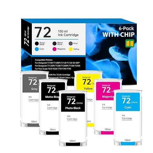 72 Ink Cartridge with New Chip C9403A C9370A C9371A C9372A C9373A C9374A | Replacement for HP 72 Ink Cartridges for DesignJet T770 T790 T795 T610 T620 T1100 T1120 T1200 Printers, 6 Pack 72 Ink 130ml