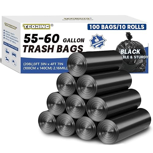 T.FORING 55-60 Gallon Trash Bags Heavy Duty,2.1 Mil,39'' x 55'',100 Count | Huge 50+ Gal Black Garbage Bag Unscented,Strong,Fit 206 - 225 Liter Bins,for Construction Industrial Yard Outdoor Commercial