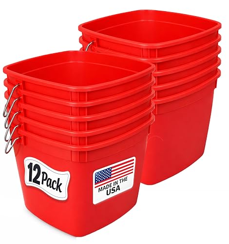 Sanitizer Pail Cleaning Bucket with Bail Handle, 6 Quart (1.5 Gallon) Red Sani Bucket, Made in USA, Commercial Plastic Sanitation Container for Restaurants & Janitorial Use, Heavy Duty, 12 Pack