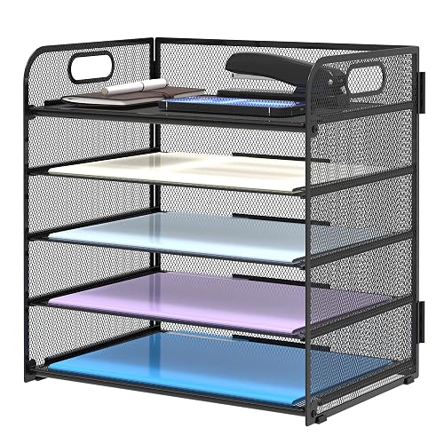 Supeasy 5 Trays Paper Organizer Letter Tray with Handle-Mesh Desk File Holders, Paper Sorter Desk Organizer for Office, Home, Classroom or School
