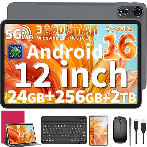 JJGJ Android 16 Tablet with Keyboard - 12 Inch Tablets, Pink Case | 24GB (8+16) RAM, 256GB ROM, Gemini AI, 2K Display 90Hz, 8000mAh, 8-Core, Dual Camera, 5G WiFi, Tablet with Case/Mouse/Stylus