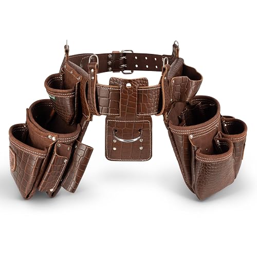 STRONGLAD Premium Embossed Top-Grain Leather, Carpenter Tool Belt - 21-Pocket Framing Tool Belt, Brown-Red Construction Gear with Stainless Steel Hardware