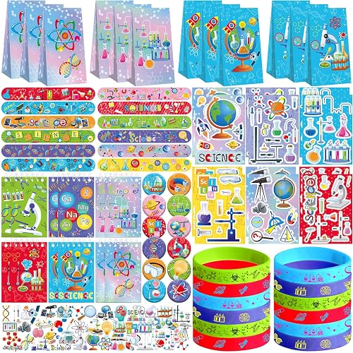 Ywediim Science Party Favors, Including Gift Bags , Stickers Badge Slap Bracelets Silicone Wristbands DIY Stickers , for Science Lab Theme Party Supplies