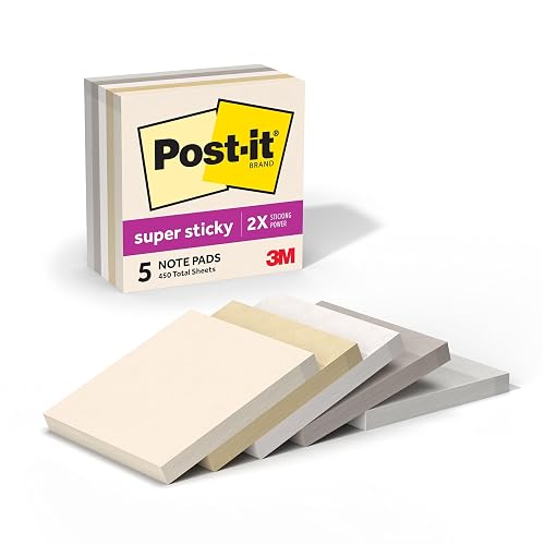 Post-it Super Sticky Notes, 3 x 3 in, Neutrality, 5 Pads, 90 Sheets/Pad | School Supplies and Oﬃce Supplies, 2X the Sticking Power