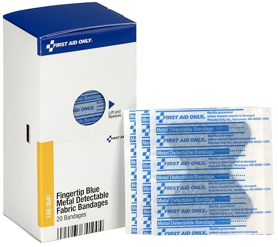 First Aid Only FAE-3041 SmartCompliance Refill Blue Metal Detectable Fingertip Bandages, First Aid Kit Refill Supplies for Business, Food Service, Restaurants, Worksites, and Home, 20 Count