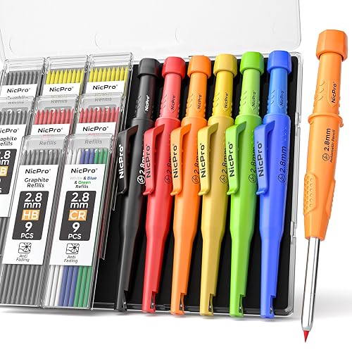 Nicpro 6Pack Carpenter Pencils with Sharpener & Sleeve, Construction Pencil | CP3000 Mechanical Carpenter Pencils+78 Refill, Heavy Duty Construction Pencils, Woodworking Pencil for Architect -with Case