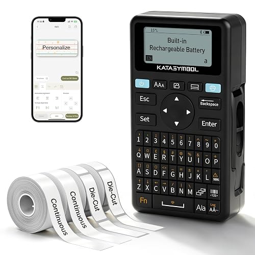 SUPVAN E11 Keyboard & Bluetooth Label Maker Machine with 4 Tapes | Rechargeable, Versatile App with 30+ Fonts and 660+ Icons, Minimal Margin, Inkless, for School, Home, Kitchen, Office