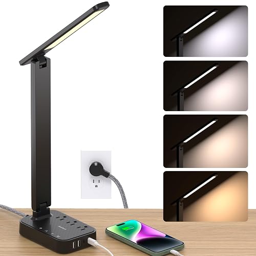 Addtam LED Desk Lamp with 4 Modes for Home Office College Dorm Essentials | Study Touch lamps for desk with 5 Level Brightness, Desk Light Power Strip with 3 Outlets 4 USB Charging Ports(2 USBC), Black