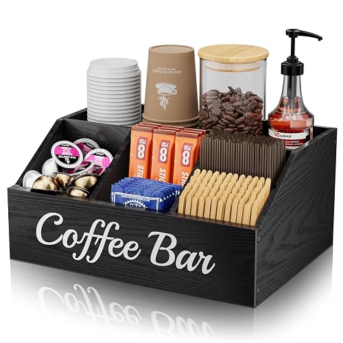 WooOrganix Coffee Station Organizer for Countertop – Wooden Coffee Bar Organizer with Adjustable Dividers,Holds K Cup Pod & syrup bottles, for Kitchen, Office, or Bar and Tea Station, Black