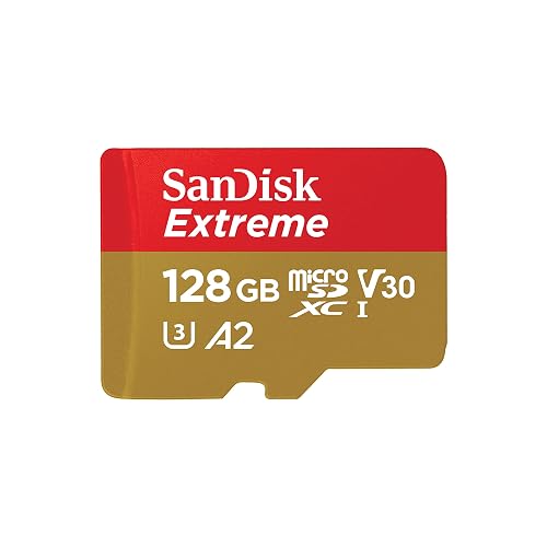 SANDISK 128GB Extreme microSDXC UHS-I Memory Card with Adapter - C10, U3, V30, 4K, 5K, A2, Micro SD Card - SDSQXAA-128G-GN6MA