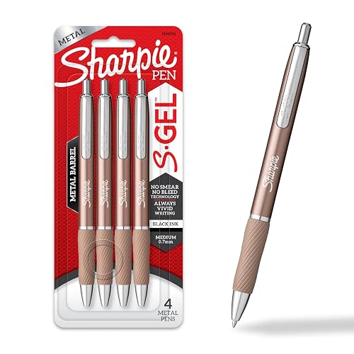 Sharpie S-Gel, Gel Ink Pens, Medium Point (0.7mm), Sleek Metal Barrel, Champagne, Black Ink, 4 Count - Drawing, Journaling, Writing, School, Teacher Supplies