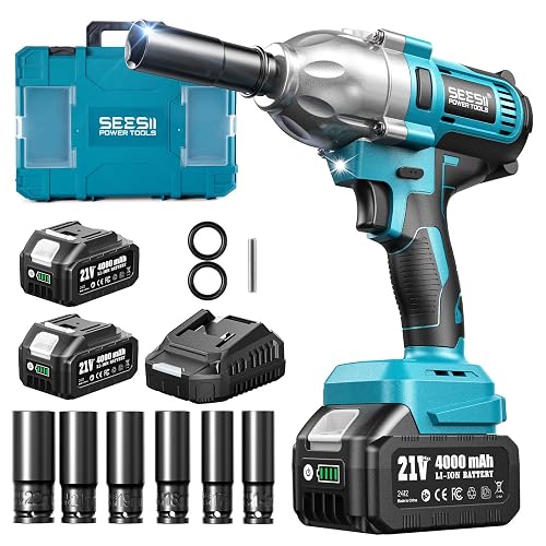 Seesii Impact Wrench 665 FT-LBS(900N.m) 3300IPM 1/2 Impact Gun High Torque Electric Impact Driver Cordless Impact Wrench with 21V 2x4.0Ah Battery 6 Sockets&Case for Home Car Tire Lug Nut Removal Tool
