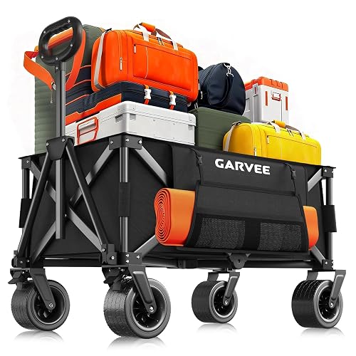 PioneerWorks Heavy Duty Collapsible Wagon Cart - 280L Extra Large Capacity, 460LBS Folding Garden Utility Cart with All Terrain Wheels, Brakes & Side Pockets for Beach, Camping, Grocery, Sports
