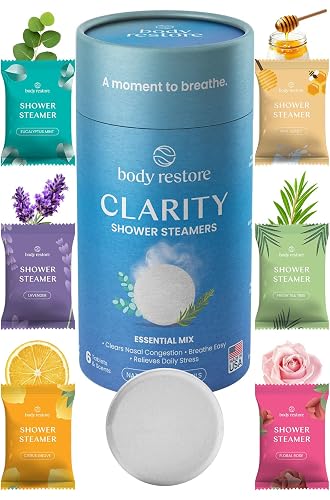 BodyRestore Shower Steamers Aromatherapy, Gifts for Men, Clarity 6 Pack | Stocking Stuffers & Birthday Gifts for Women & Men, Spa Stress Relief & Relaxation, 6 Scent Variety Essential Oil Tablets