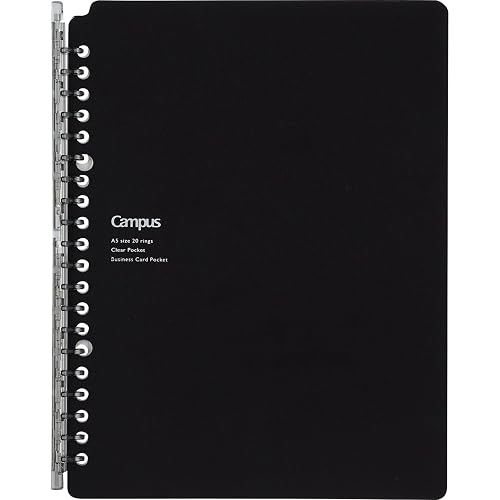 Kokuyo Smart Ring Binder, A5 Black Binder Notebook, Up to 25 Filler Papers | Campus Refillable Notebook 20 Holes with 5 Extra Loose-Leaf 5mm Graph Paper Slim Biz Binder with Pocket for Work & Study