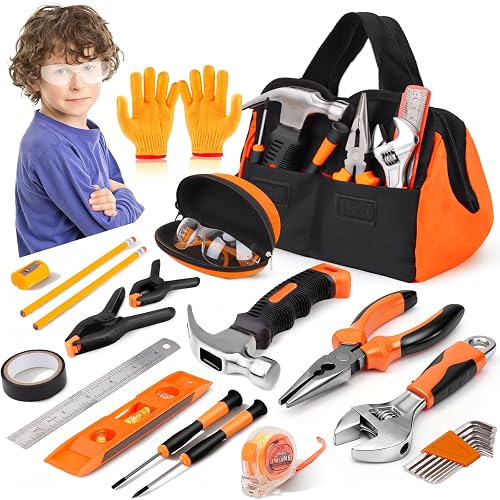 Basytodio 27-Piece Kids Tool Set Real with Storage Tool Bag for Ages 6+ | Small Real Hand Tool Kit, Child Construction Learning Tools, Home Building & Woodworking, Birthday Christmas Gift for 6 7 8 +