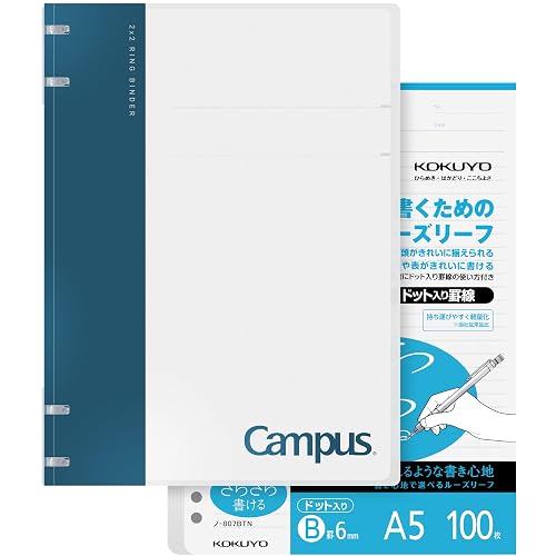 KOKUYO Campus 2x2 Spiral Binder Notebook Set, A5 Refillable Notebook + 100 Refill Papers with 6mm Dot Ruled, 40 Sheet Capacity, Navy, Perfect for Work, Study & Journal