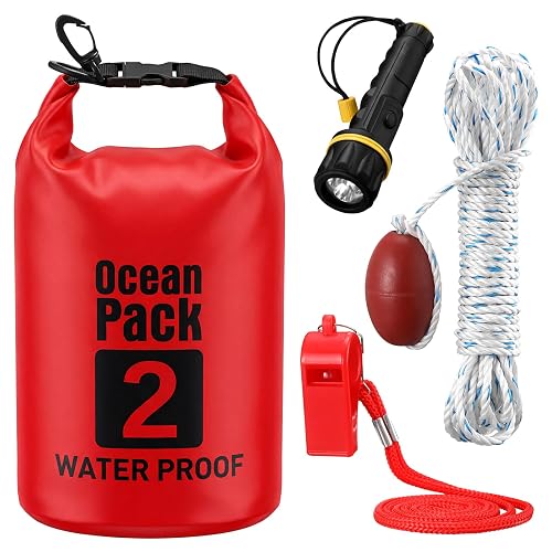 JolliLudo 4 Pack Boat Safety Kit Waterproof Bag Flashlight Whistle Float | Kayaking Canoeing Emergency Essentials, 2L Dry Storage LED Signal Device Buoyant Line, Boating Trip Safety Must-haves