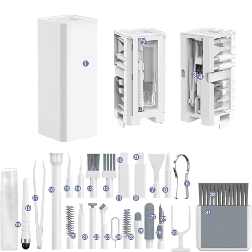 Ekoomar 32-in-1 Electronics Cleaning Kit - Keyboard, Phone, Computer & Laptop Cleaner Kit - Compatible for MacBook, AirPods & iPhone Charger Port Cleaning Tool - Tech Gadget Cleaner - White