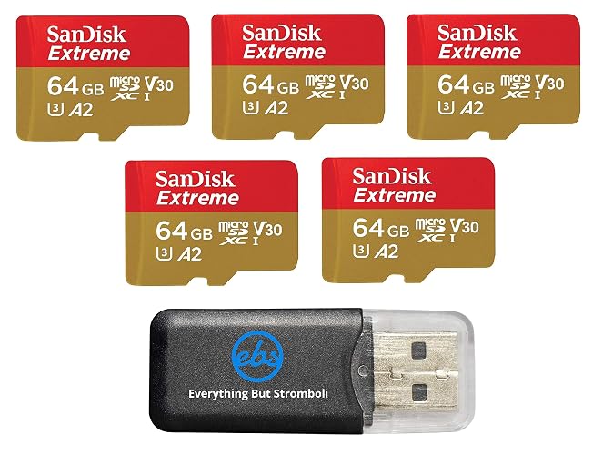 SanDisk 64GB Extreme MicroSDXC Memory Card (5 Pack) Works with DJI Drones | Works with Series Mini 4 Pro (SDSQXAA-064G-GN6MN) V30 A2 4K UHD UHS-I Bundle with (1) Everything But Stromboli Card Reader
