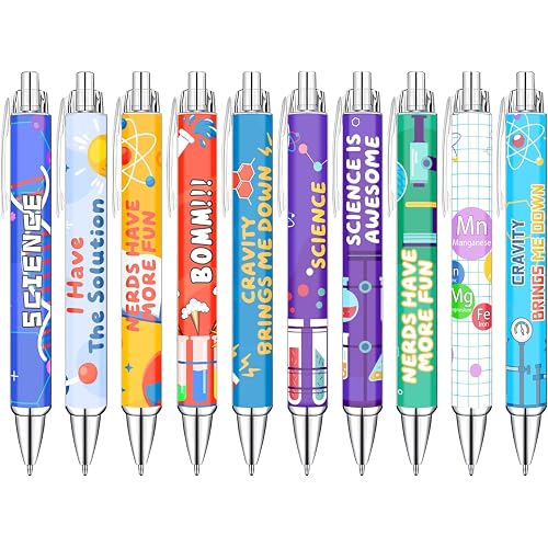 Science Theme Ballpoint Pens, 10 Pack – Colorful STEM Design Pens with Lab Icons, Chemistry Physics Biology Patterns, Smooth Writing Pens for Students, Teachers, Classrooms & School Supplies