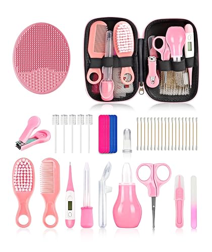 Baby Grooming and Healthcare Kit, Portable Baby Safety Care Set with Hair Brush Comb Nail Clipper Nasal Aspirator for Nursery Newborn Infant Girl Boy (25 in 1 Pink)