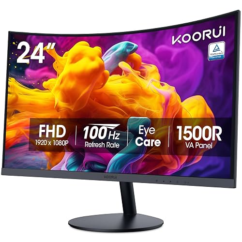 KOORUI 24 inch Curved Computer Monitor, FHD 100Hz VA 1500R PC Screen | Adaptive Sync, 99% sRGB, HDMI/VGA, Eye Care TÜV Rheinland Certified, Tilt Adjustable, Home Office, Study and Everyday Use