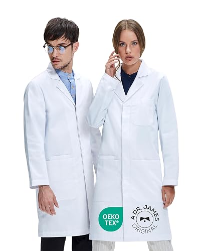 Dr. James Unisex Lab Coat – White Medical Coat, Classic Fit, 3 Pockets + Phone Slot, Safety Snaps, OEKO-TEX® Certified