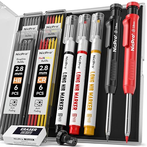 Nicpro 4Pack Carpenter Pencils w/Sharpener, Mechanical Construction Pencils | Woodworking Pencil with Long Nib Marker Pen, Deep Hole Marking Pencils for Carpentry, Carpenters, Electricians & Contractors
