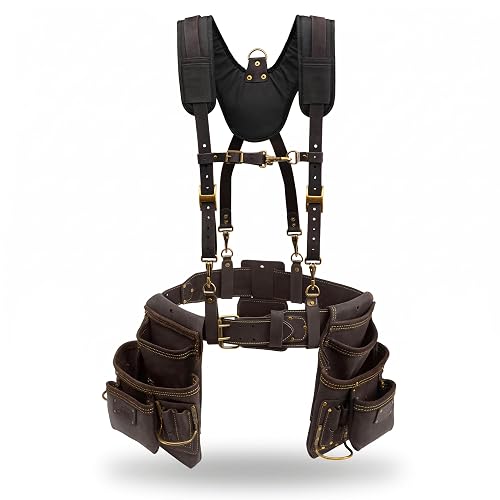 OX Framing Leather Tool Belt + Suspenders - Carpenter Tool Belt Rig- Size L | Size L, oil tanned leather framers tool belt with suspenders for men - framer and carpenter belt