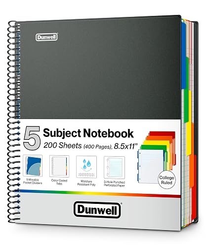 Dunwell 5-Subject Notebook 8.5x11, College Ruled, 200 Sheets, Blue | 400 College-Ruled Pages: Thick perforated paper with 3-hole punching for easy filing and tear-out.