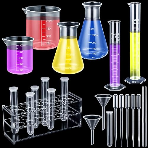 22pcs Plastic Clear Beakers Test Tubes Set Max 250ml with Rack | Graduated Cylinders Funnels Erlenmeyer Flask Stirring Rods Droppers Multi-size Measuring Tools Clear Scale Chemistry Supplies