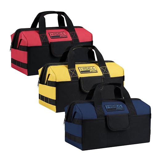 HISEA 3 Pack Heavy Duty Tool Bag, 16-Inch Waterproof Tools Organizer Tote | with Storage Pockets, Wide Mouth, Durable Oxford Fabric, for Electrician Tradesman Carpenter Mechanic (Navy, Red, Yellow)