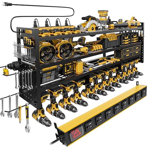 STURDIFLOW Large 49''Wide Power Tool Organizer Wall Mount, Charging Station | 8 Dust-Protected TR Outlets | 620lb Capacity 4-Tier Garage Storage Rack | 12 Cordless Drill Holders | Holds 30+ Tools