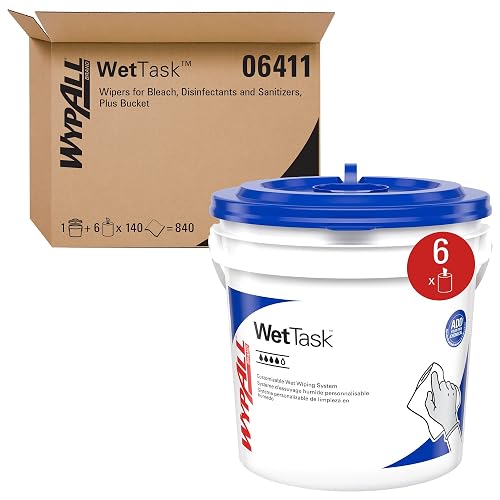 WypAll CriticalClean WetTask Wipes, 6 x 140 Sheets, 1 Bucket (06411) | Center-Pull Towels, Bucket Included, White Sheets, Soft & Pliable, Wet Wiping for Bleach, Disinfectants & Sanitizers