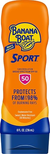 Banana Boat Sport SPF 50 Sunscreen Lotion, 8 Fl Oz | Sweat and water resistant sunblock lotion, UVA/UVB broad spectrum protection, Lightweight formula, Outdoor use