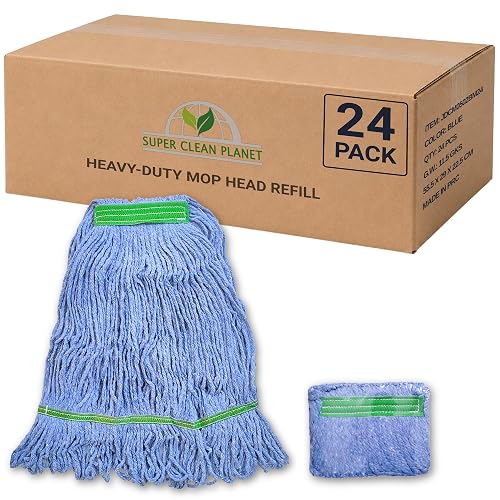 Super Clean Planet Heavy Duty Mop Head Refill (24-Pack) – Industrial Blue Cotton, Looped-End Wet Mop Heads for General, Commercial, Janitorial & Floor Cleaning
