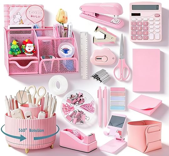 Gawsey Desk Organizers and Accessories with Desk Organizer 360° Rotating Pen Holder and Office Supplies, Cute Stationery Supplies Set (Pink)