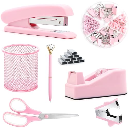 Pink Desk Accessories, Pink Office Supplies, Stapler, Staple Remover, Tape Holder, Pen Holder, Ballpoint Pen, Scissor, Binder Clips, Paper Clips and 1000pcs Staples.