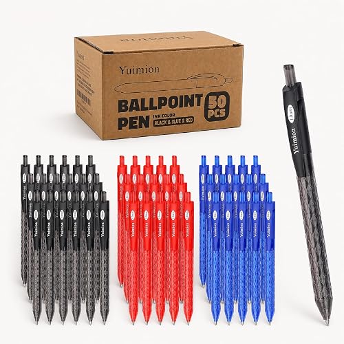 Yuimion 50 Bulk Pens, 1.0mm Medium Point Ballpoint 20 Black 15 Red 15 Blue | Retractable Smooth Writing No Bleed. Geometric Diamond Soft Grip For School, Office Supplies, Teachers, Nurses, Journaling